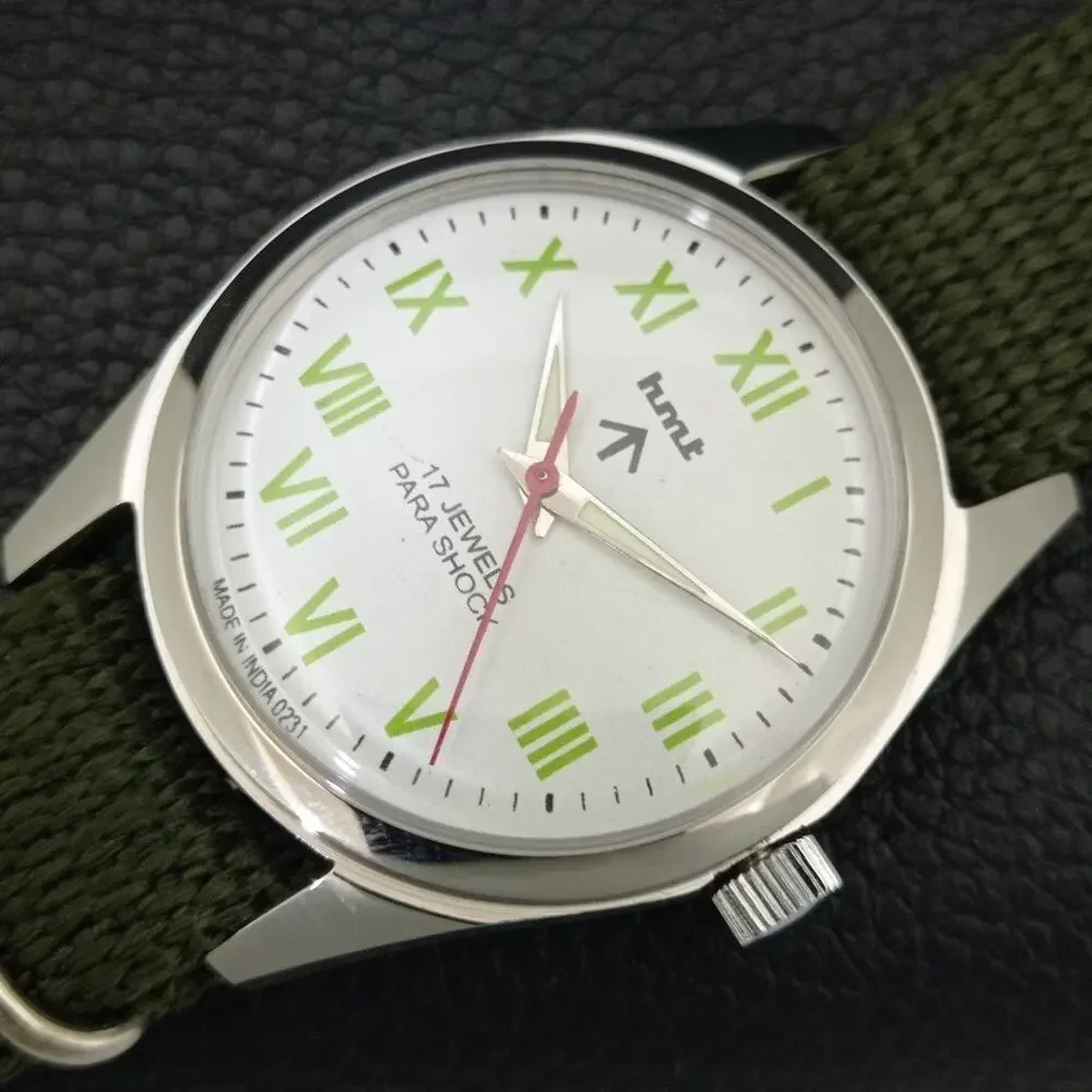 Vintage 1983 HMT Manual Wound Mens Silver Watch & Green accents